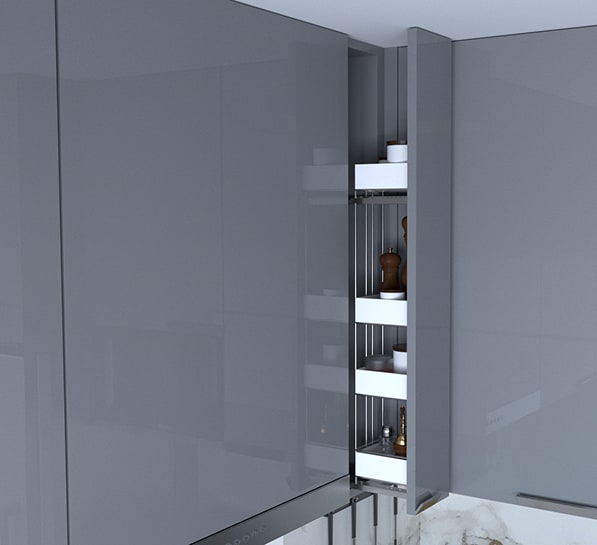 Custom kitchen cabinet with narrow pull-out storage.