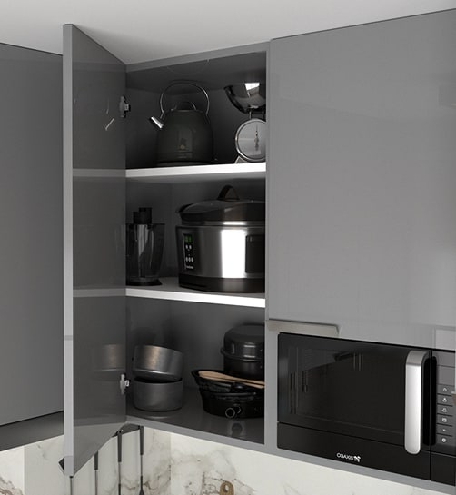 Kitchen cabinet with a retractable door and shelves for appliances.