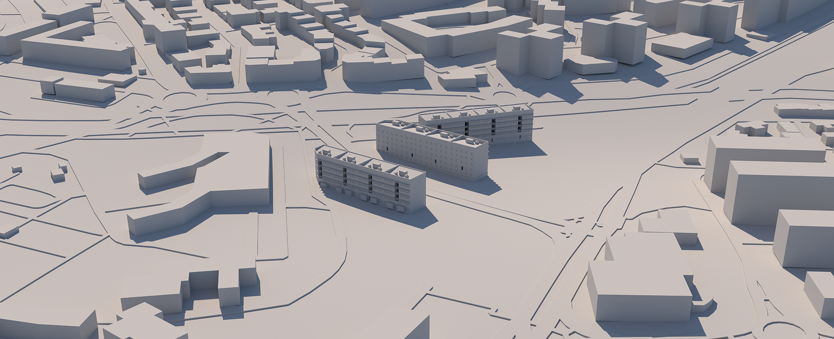 Architectural visualization of the apartment buildings and surrounding urban area in Buraca.