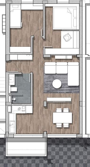 Top-down apartment plan showing the eight interior areas.