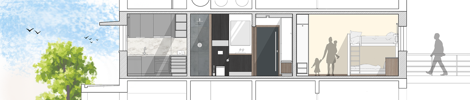 Apartment section showing the kitchen, bathroom, corridor and bedroom.