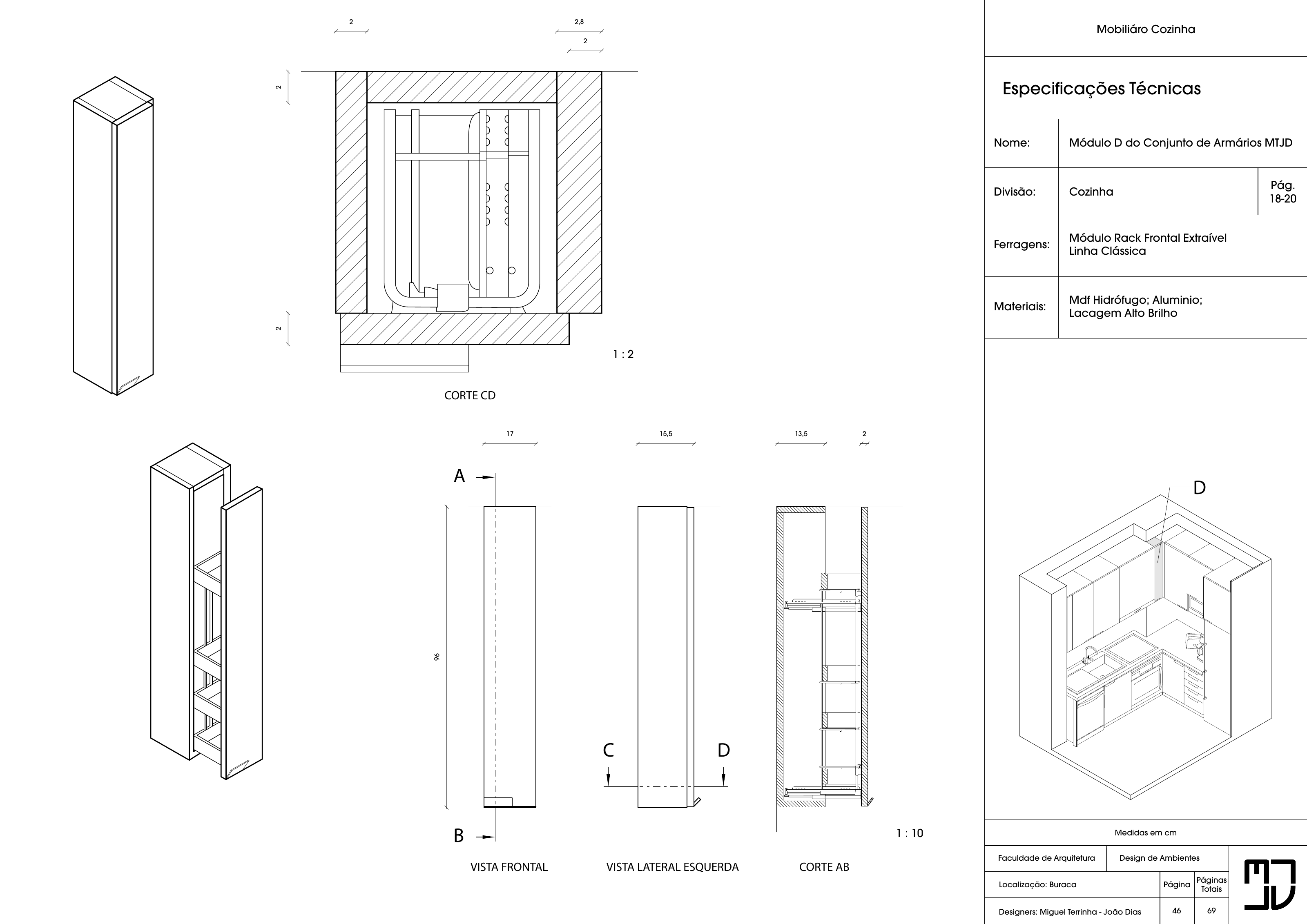 Technical sheet 46: custom pull-out kitchen storage, with isometric views, dimensioned elevations and sections, material and hardware specifications, and project credits.