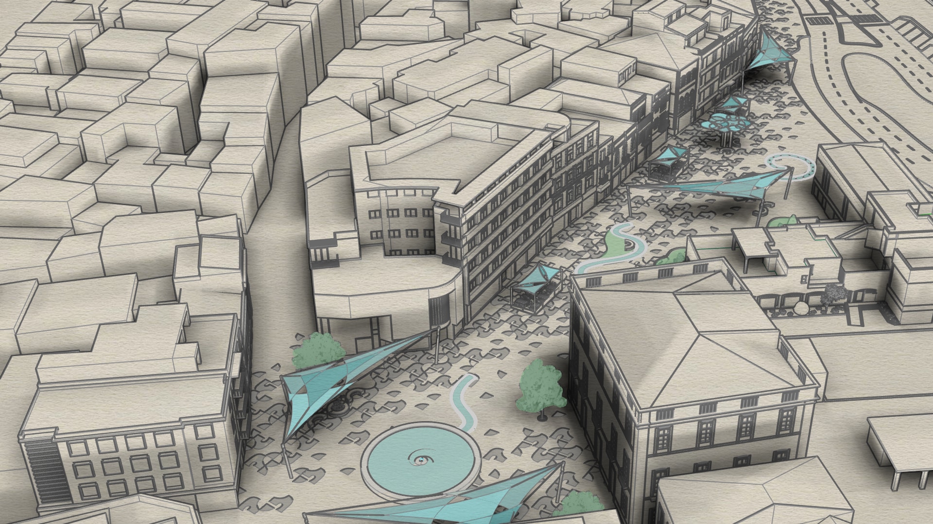 Aerial artistic visualization of the water route through the historic centre of Lagos.