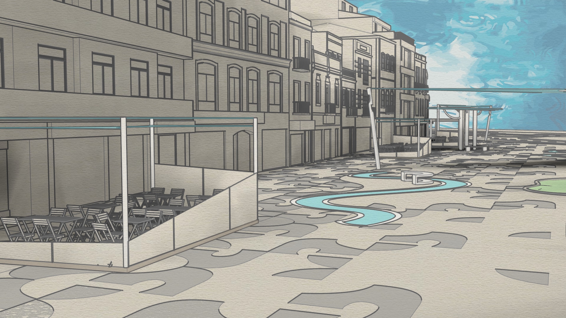 Street-level artistic visualization of the flowing pavement, water channel and shaded seating.