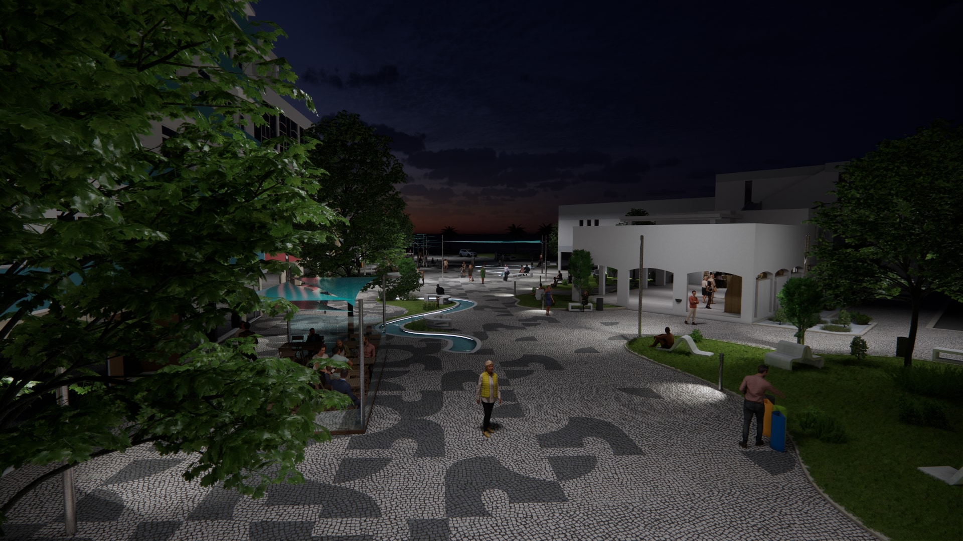 Elevated view of the square toward the waterfront — Night, viewpoint 1