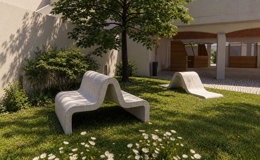 Modular wave-shaped seating beneath trees.