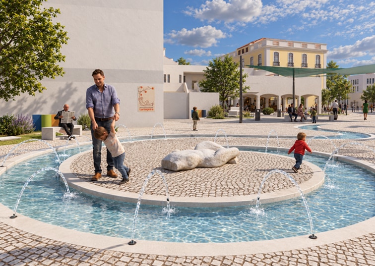 Circular ground-level water feature in the public square.