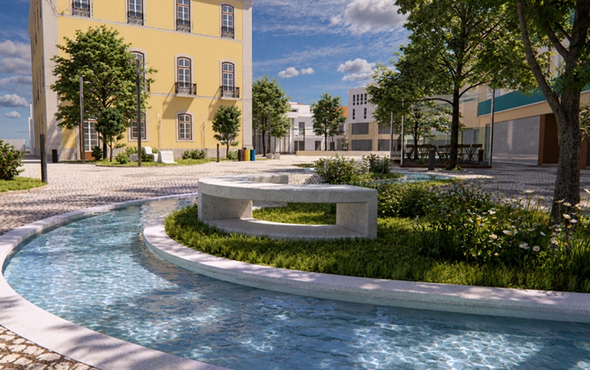 Curved seating and planting beside the water channel.