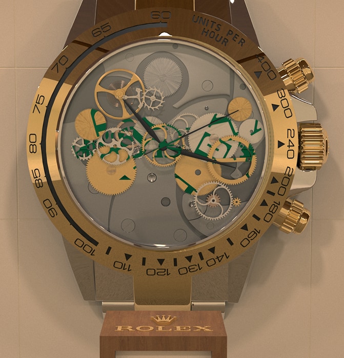Conceptual render of the watch and its single-button activation pedestal.