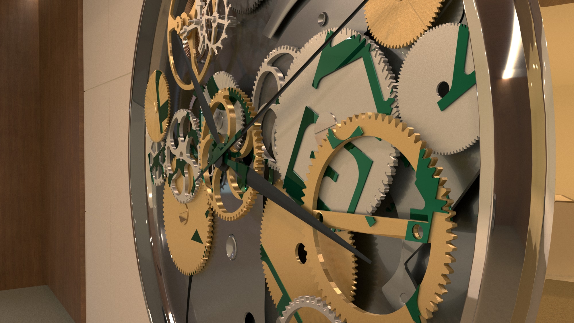 Angled detail render of the exposed gears, watch hands and green letter fragments.