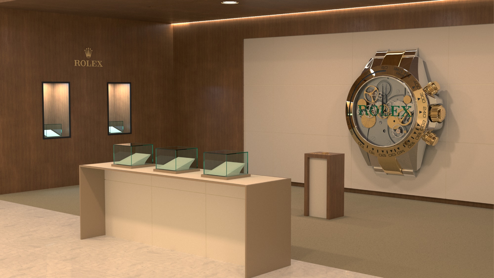 Conceptual boutique render with the watch installation behind the display cases.