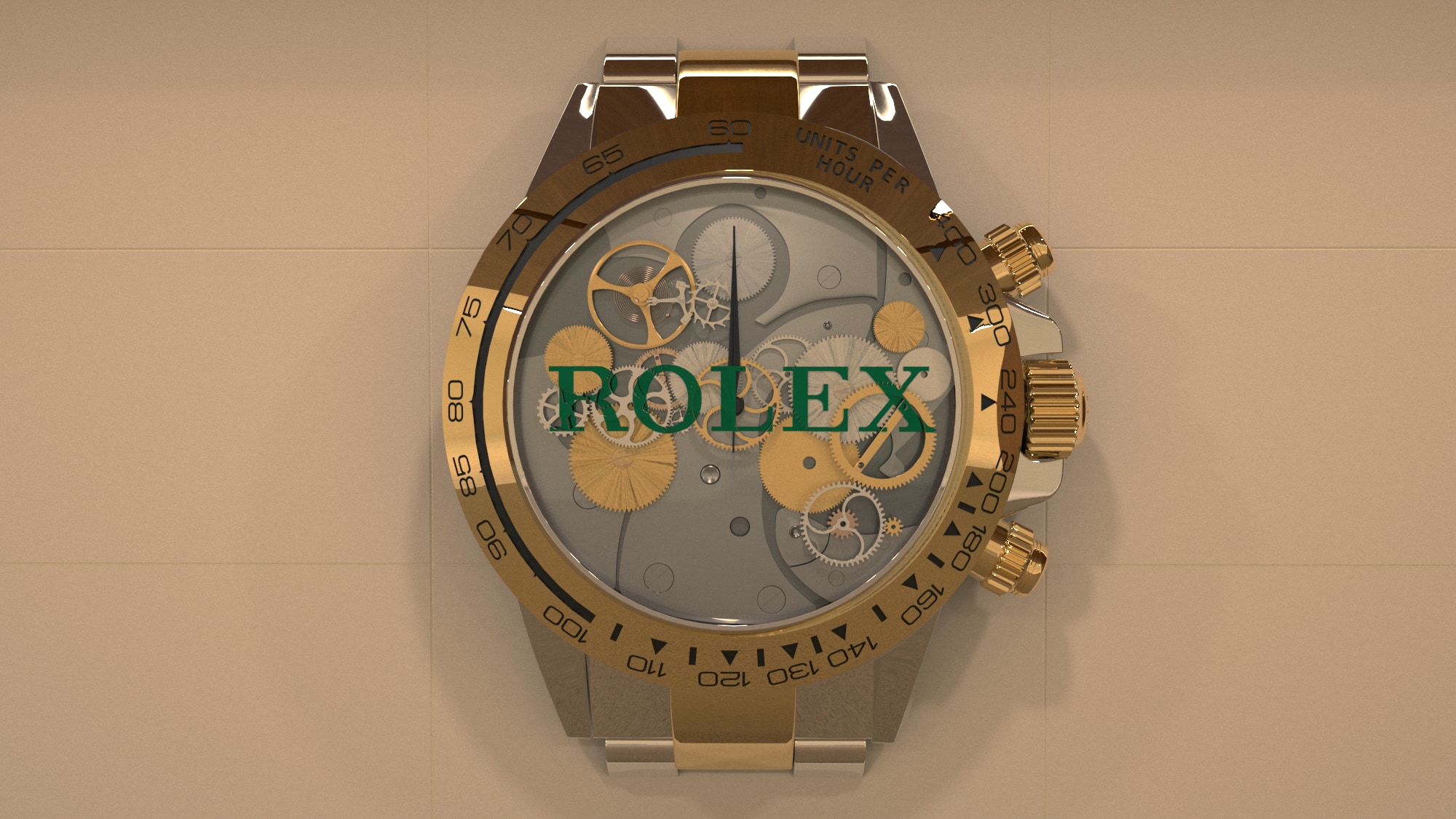 Front view of the conceptual watch with the Rolex name aligned across its gears.