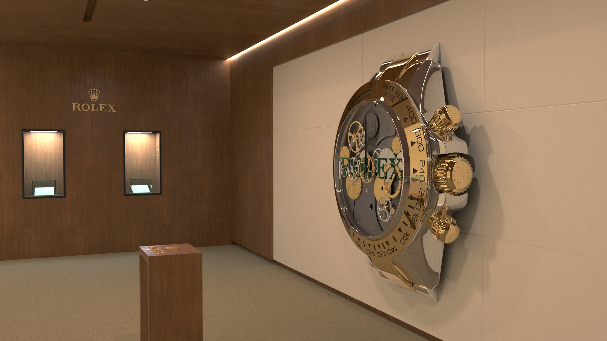 Wide conceptual boutique interior showing the watch installation and activation pedestal.