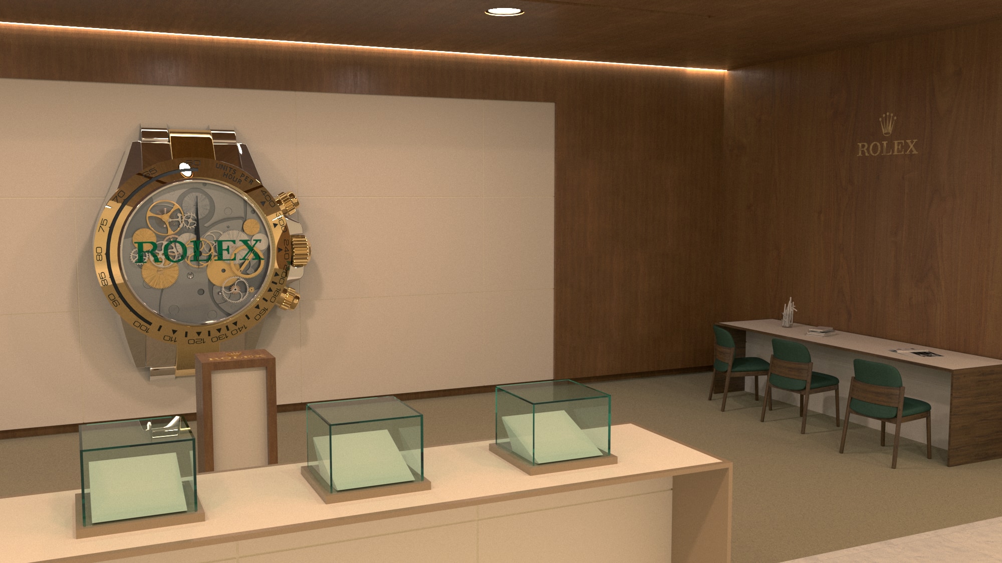 Conceptual boutique interior with display cases, seating and the oversized watch.