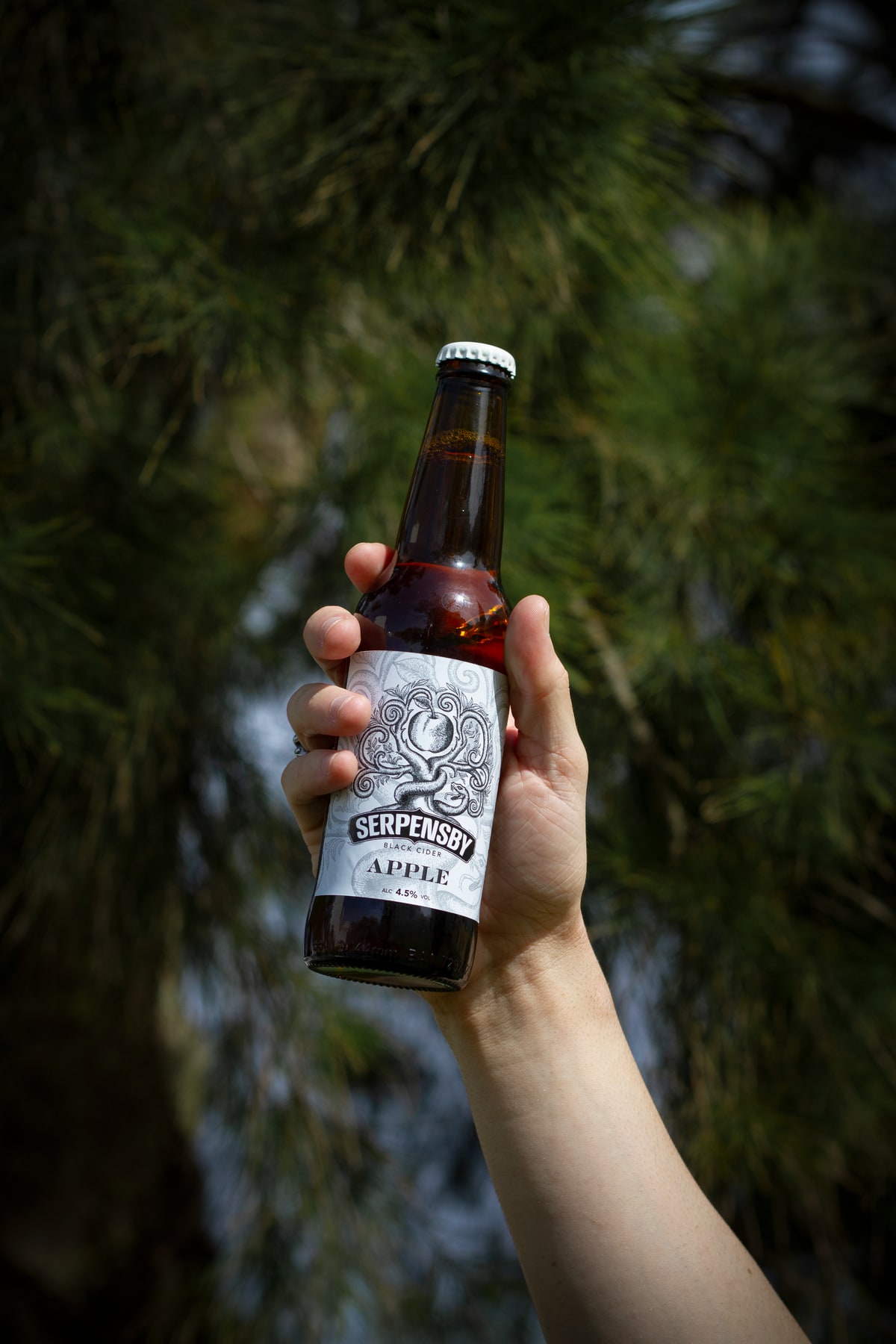 A hand holding a SERPENSBY apple cider bottle outdoors.