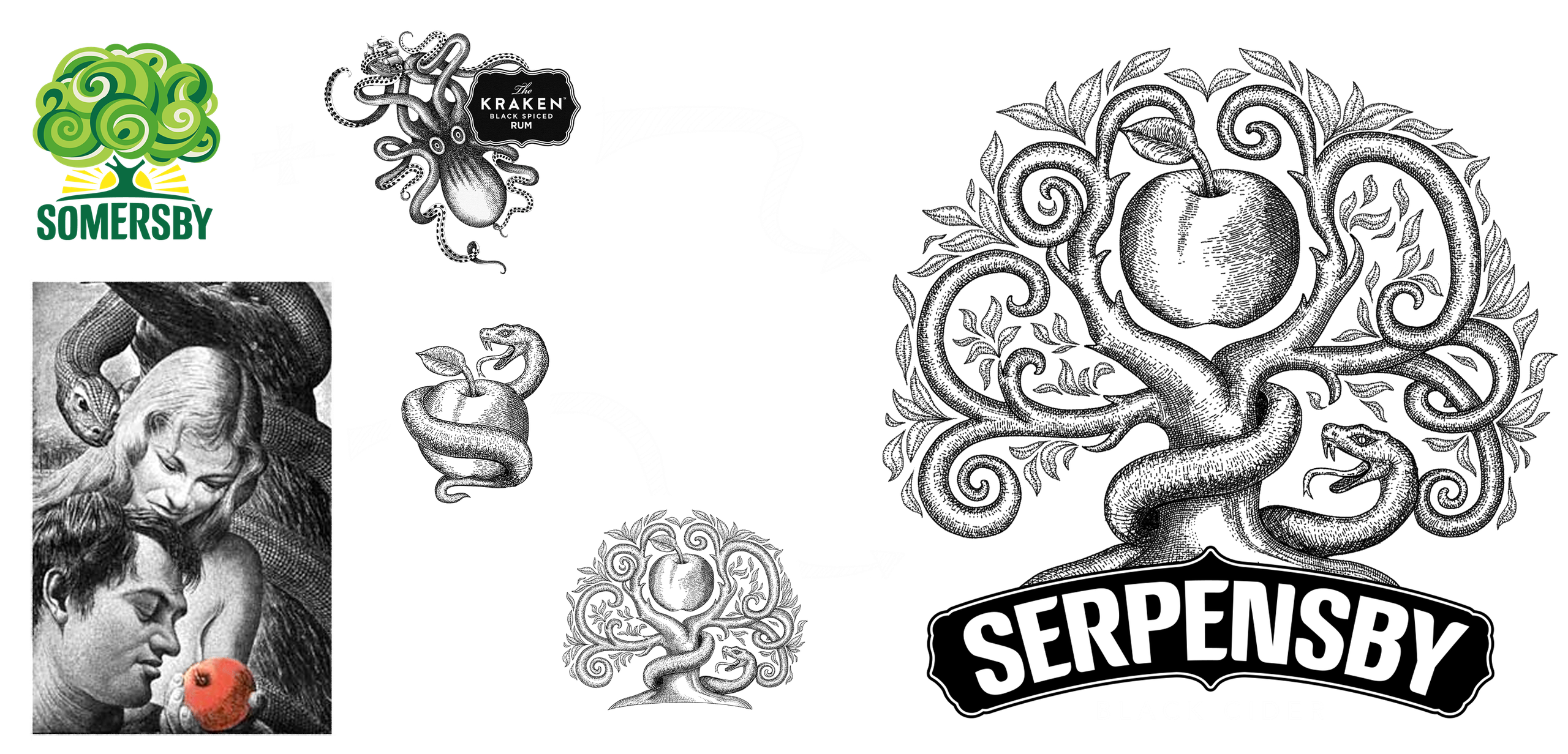 Development of the SERPENSBY identity, combining Somersby, Kraken, the forbidden fruit and a serpent.
