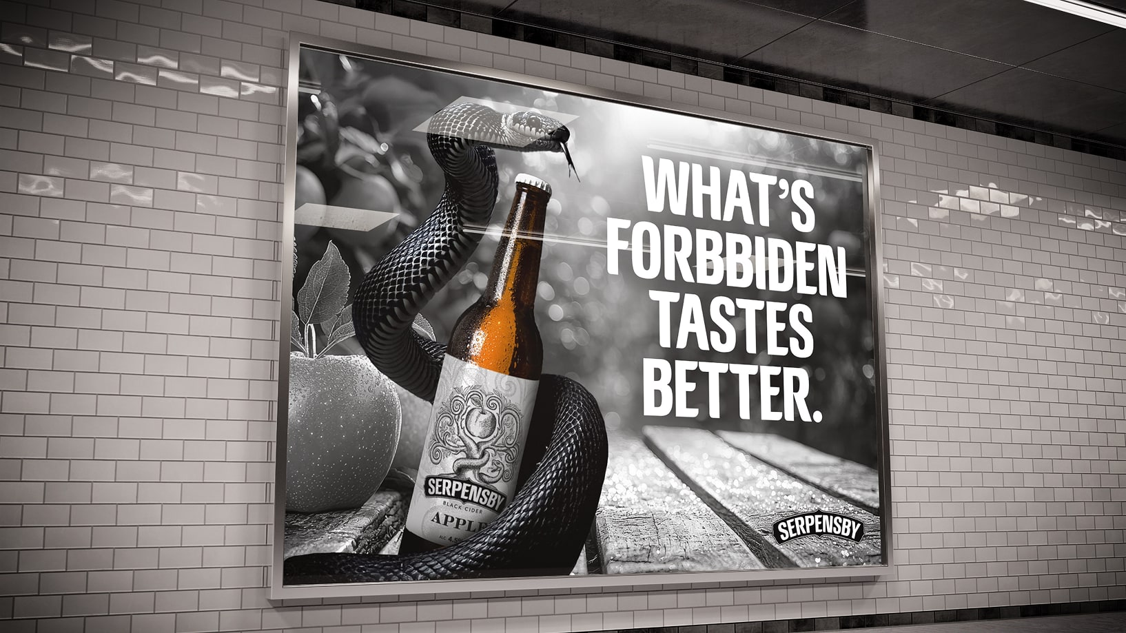 SERPENSBY metro advertisement featuring a snake and cider bottle: What’s forbidden tastes better.