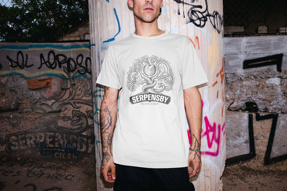 White T-shirt featuring the SERPENSBY identity.